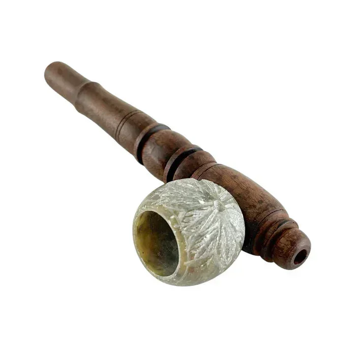 5″ Classic Long-Style Design Wooden Pipe w/ Marble Bowl
