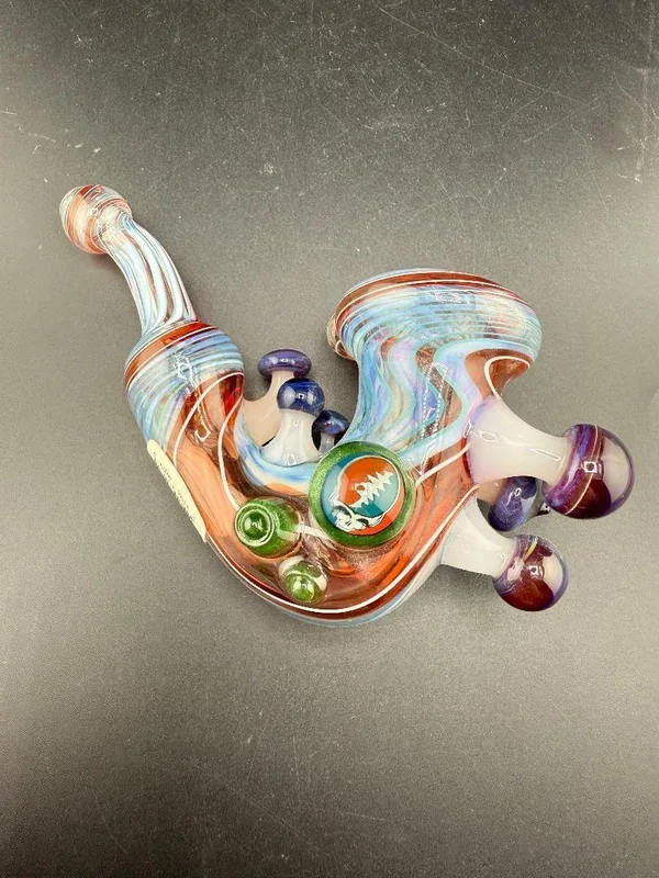 Brando Glass Sherlock Pipe – Red & Blue Wig Wag w/ Mushroom & Grateful Dead Millie Attachments