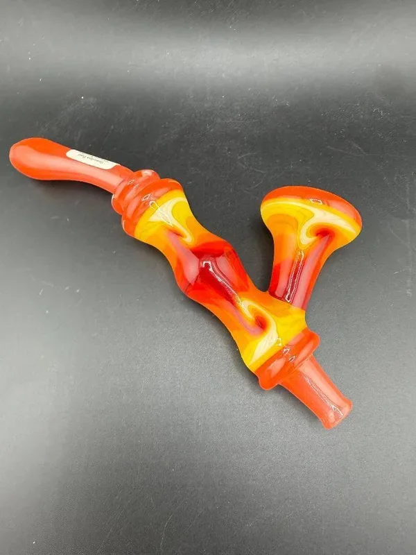 Grandpa Dad Glass Sherlock Pipe – Orange w/ Fire Line Work