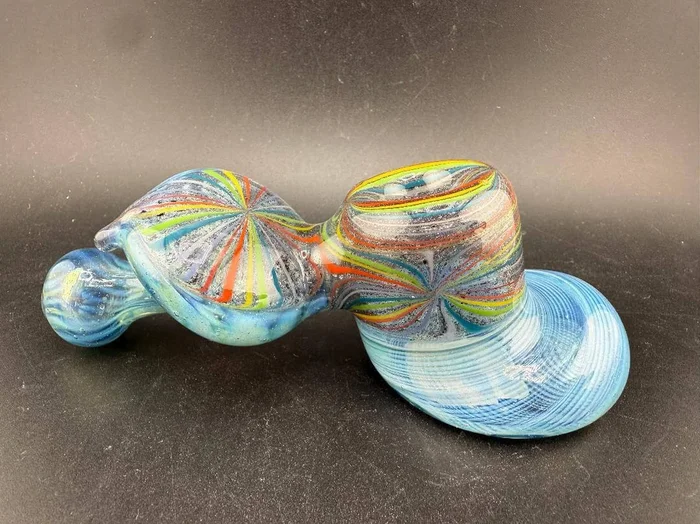 High Grade Glass Hammer Pipe – Light Blue w/ Rainbow Line Worked Sections