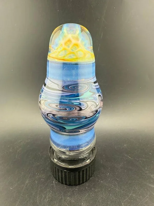 Highgrade Glass Large Jar – Blue & Purple Wig Wag w/ Implosion Marble Bottom