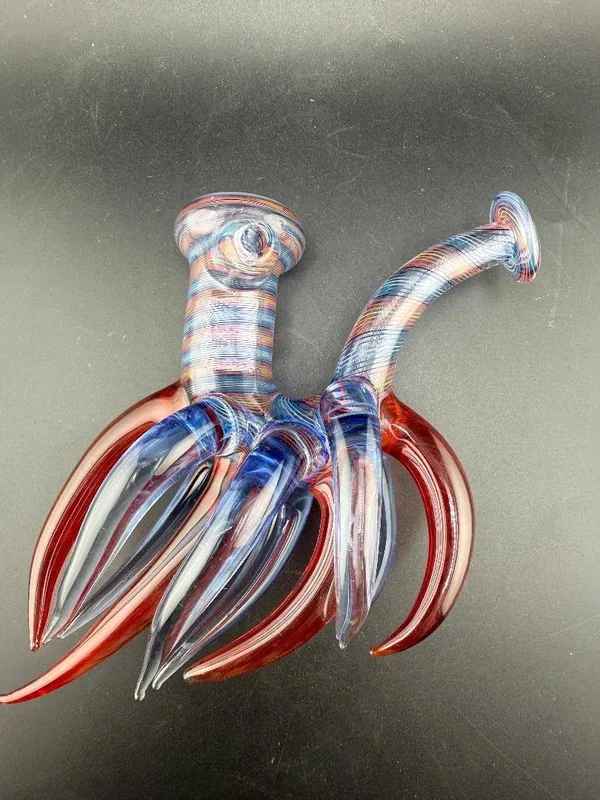 Highgrade Glass Sherlock Pipe- Red & Blue Line Work w/ Many Red & Blue Large Horns