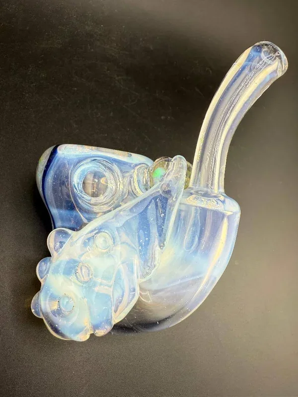 Pugsley Glass Sherlock Pipe – Ghost White w/ Leaf Attaachment & Encased Opal