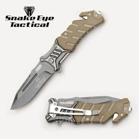 Snake Eye Tactical Rescue Style Spring Assisted Knife – Tan Stone Wash