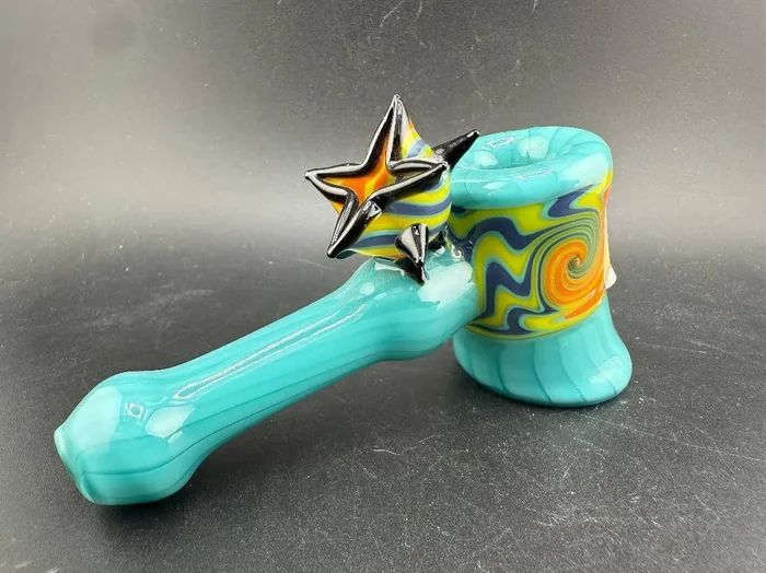 Unknown Artist Hammer Pipe – Teal w/ Yellow & Blue Wig Wag sections