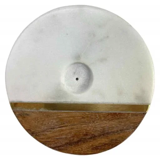 ZenN – White Marble & Acacia Wood Round Incense & Cone Burner